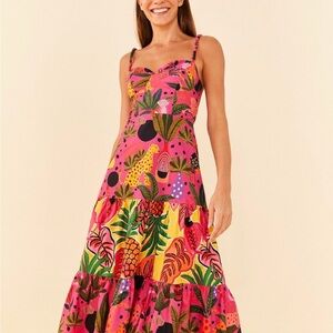 Farm Rio Pop Leopards Print Maxi Dress Sz Large Resort Wear Spring Break Beachy